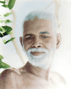 Photo of Ramana Maharshi with woods behind in color
