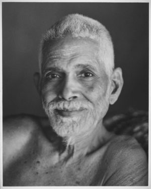 Photo of Ramana Maharshi bust in black and white